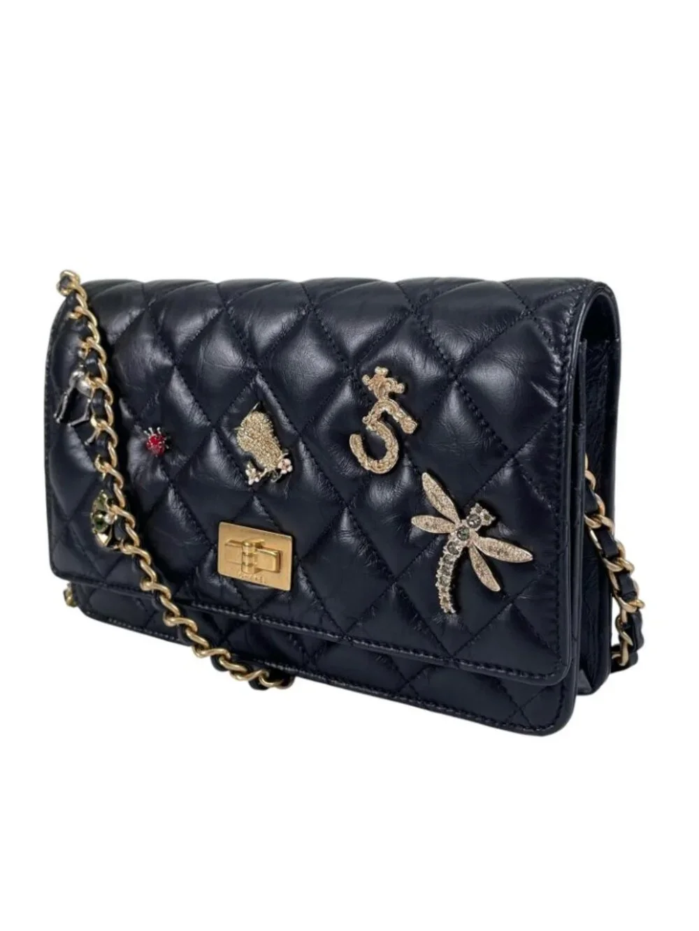 Chanel 2.55 Quilted Icon Charm Embroidery Chain Wallet Shoulder Bag Calfskin